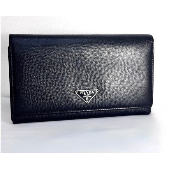 Prada Saffiano Black Leather Flap Continental Long Wallet with Chain - Picture 7 of 11